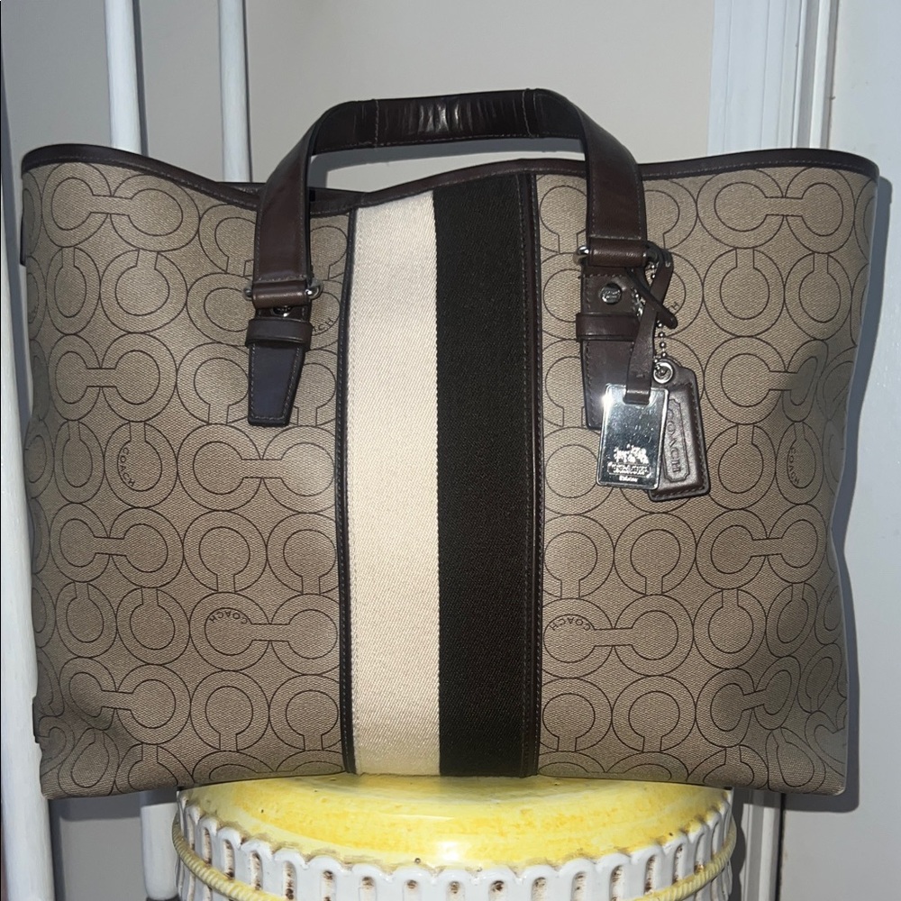 Coach 70362 Op Art Stripe Tote Tan and Brown